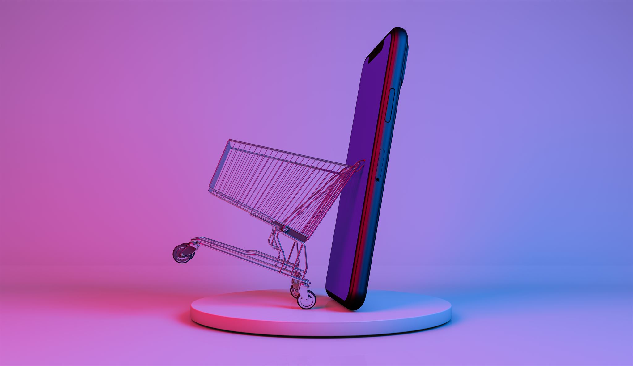 Tiny-shopping-cart-coming-out-from-mobile-phone